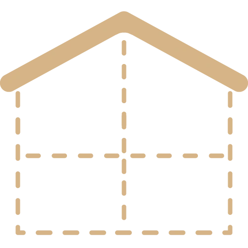 Iconic outline of a custom home design, featuring a roof and dashed lines representing room layouts, symbolizing personalized home building in East Texas by Ross Homes & Drafting.