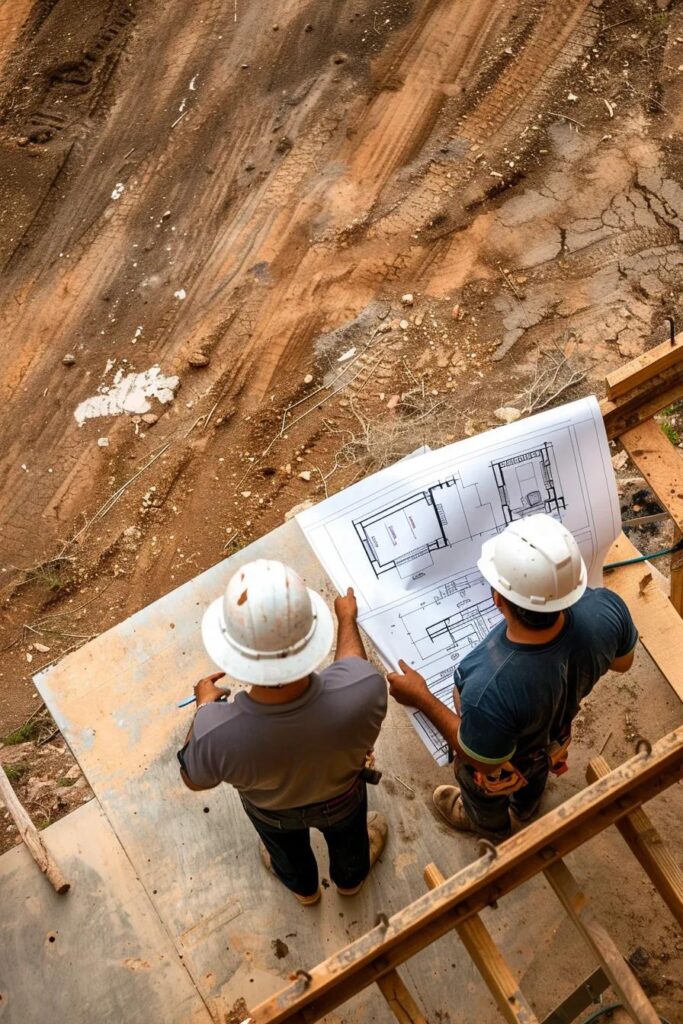 Builders reviewing blueprints and a construction site in Sabine County, Texas