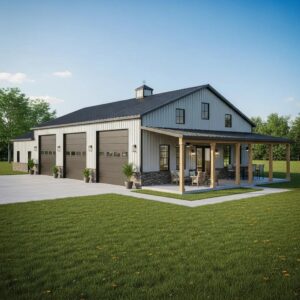 3D rendering of a modern barndominium with integrated shop and open-concept living space
