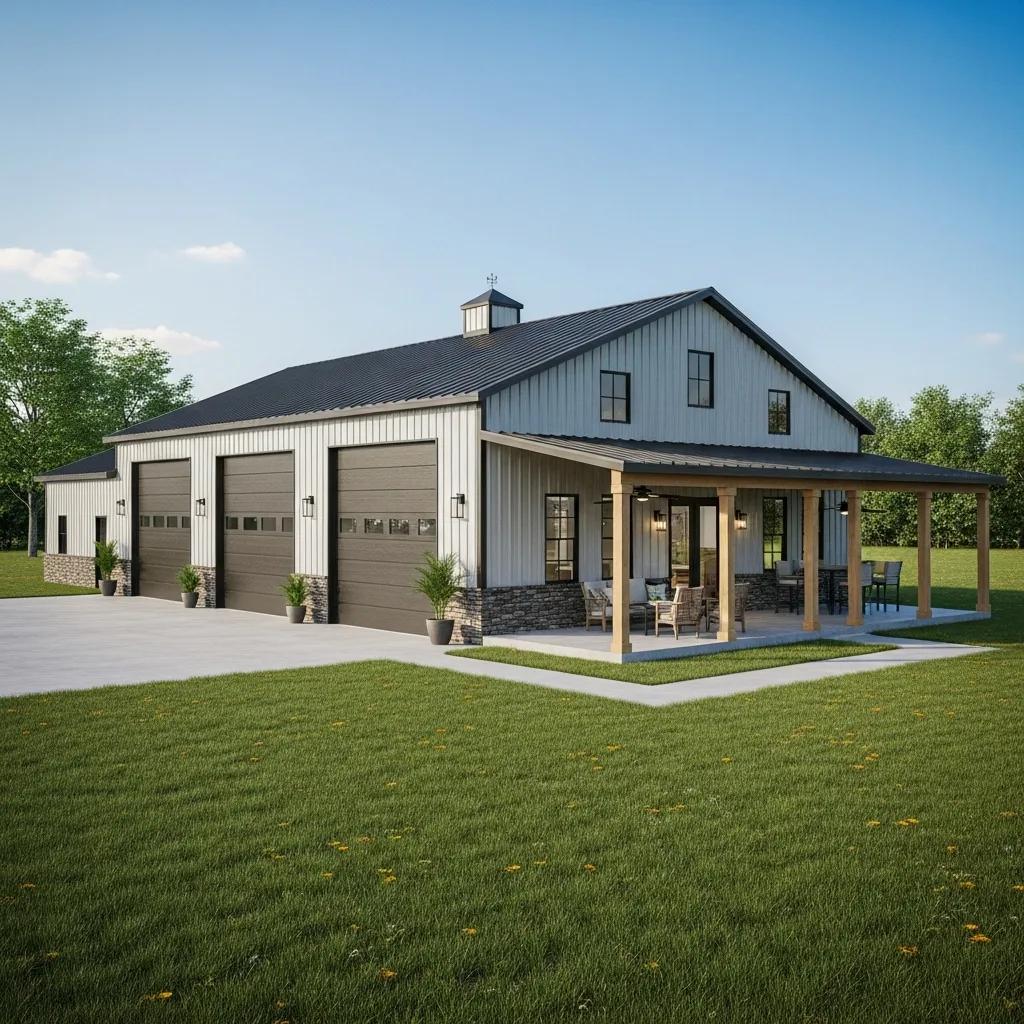 3D rendering of a modern barndominium with integrated shop and open-concept living space
