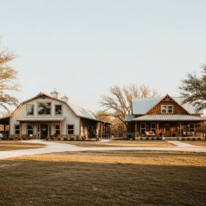 Barndominium and traditional home in East Texas landscape, showcasing architectural styles