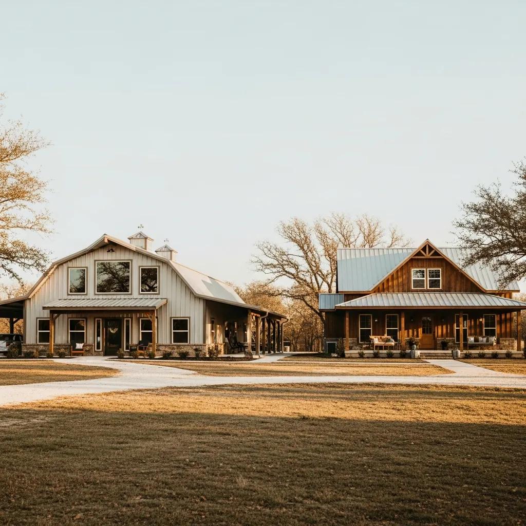 Barndominium and traditional home in East Texas landscape, showcasing architectural styles