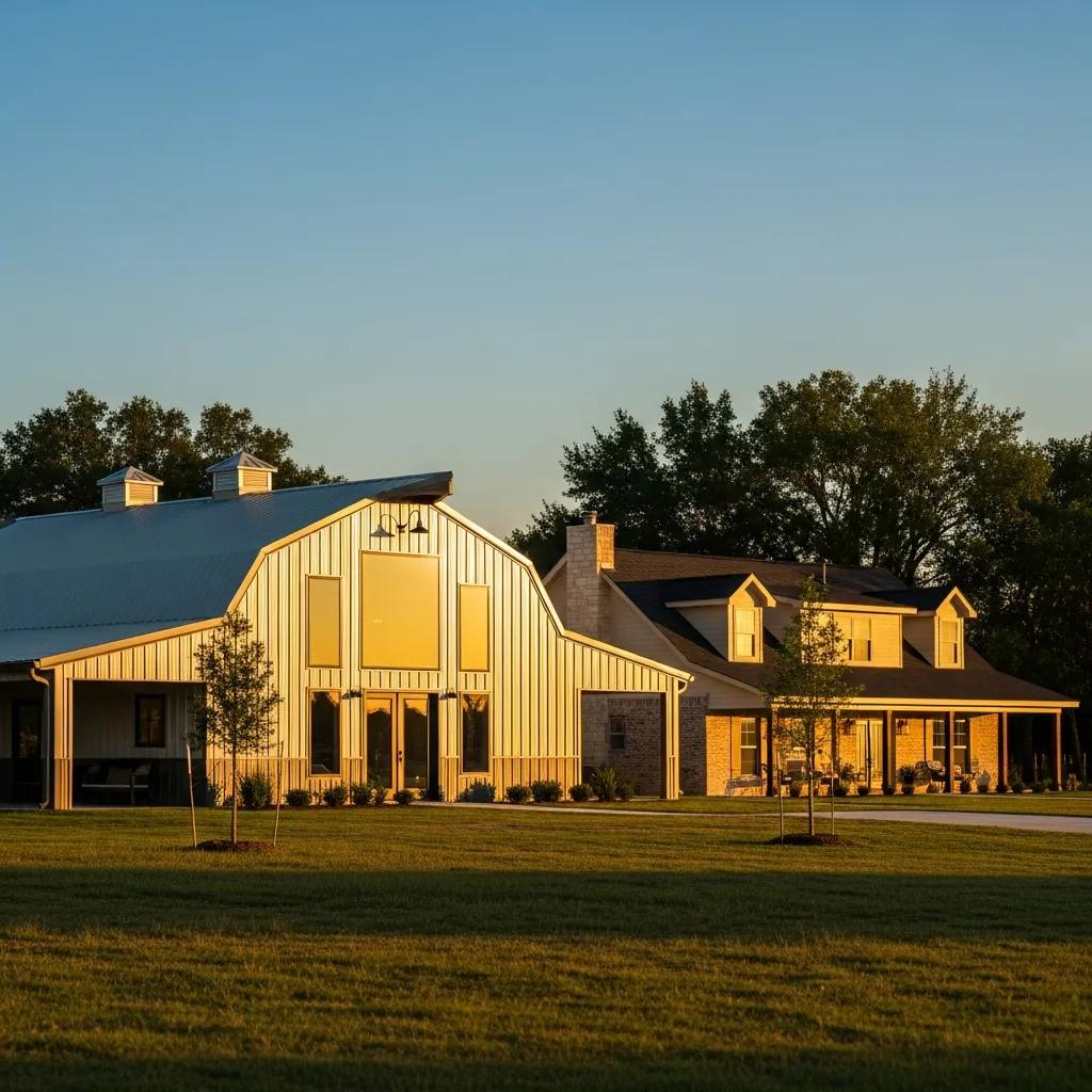 Barndominium and traditional house comparison in East Texas landscape