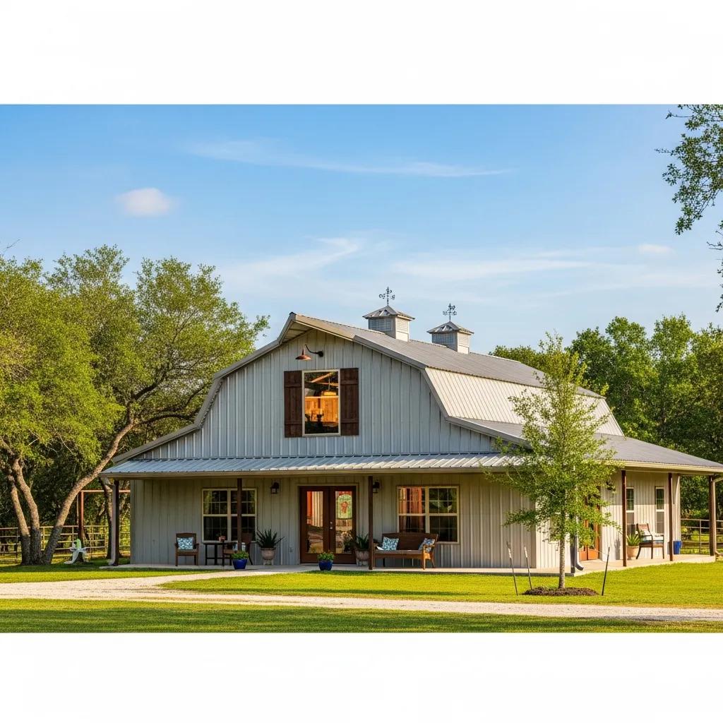 Barndominium in a rural setting showcasing metal structure and traditional interiors
