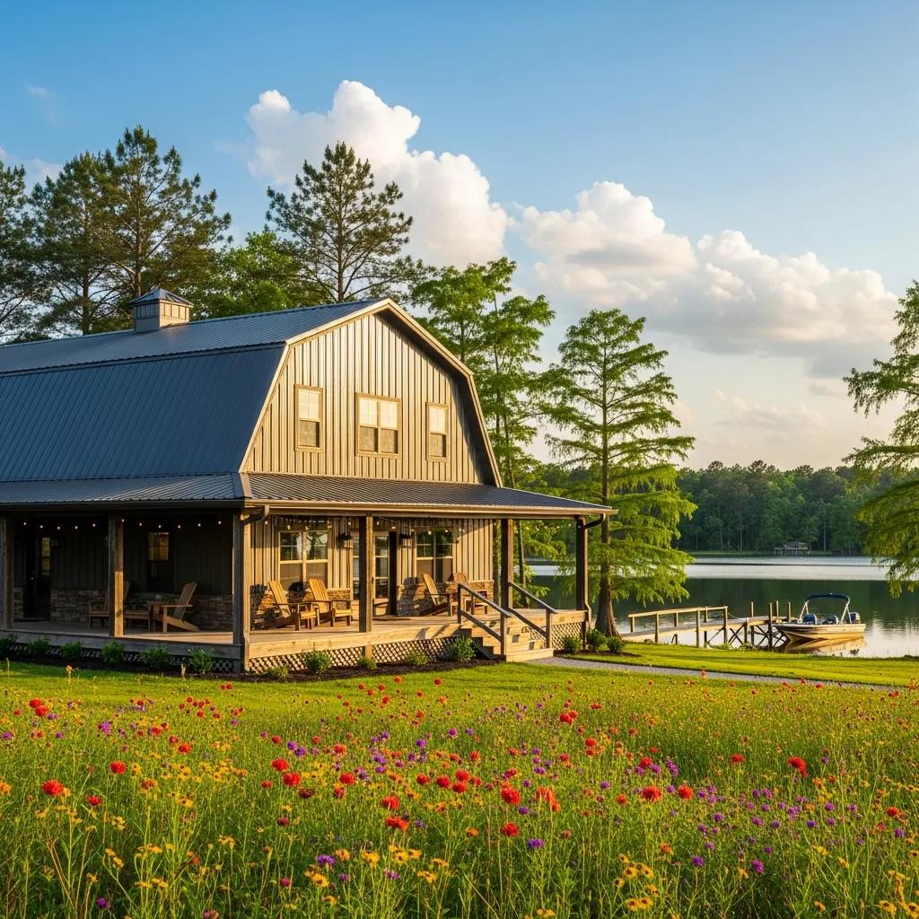 Barndominium in a scenic East Texas landscape highlighting its unique architecture and investment potential