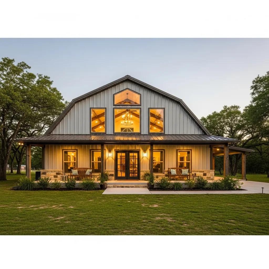 Beautiful barndominium exterior with metal siding and large windows in a rural setting