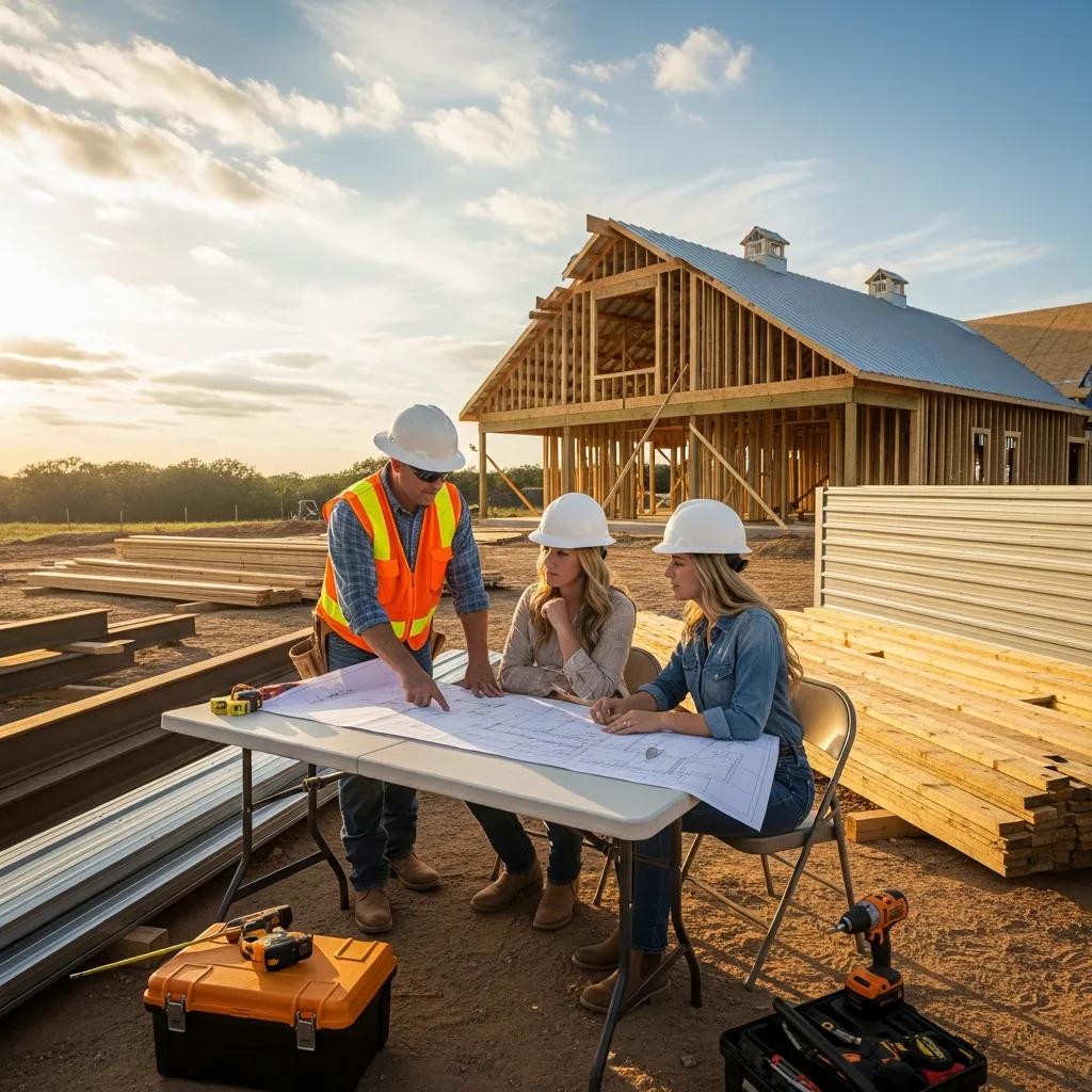 Builder and clients reviewing blueprints and site conditions for a custom barndominium
