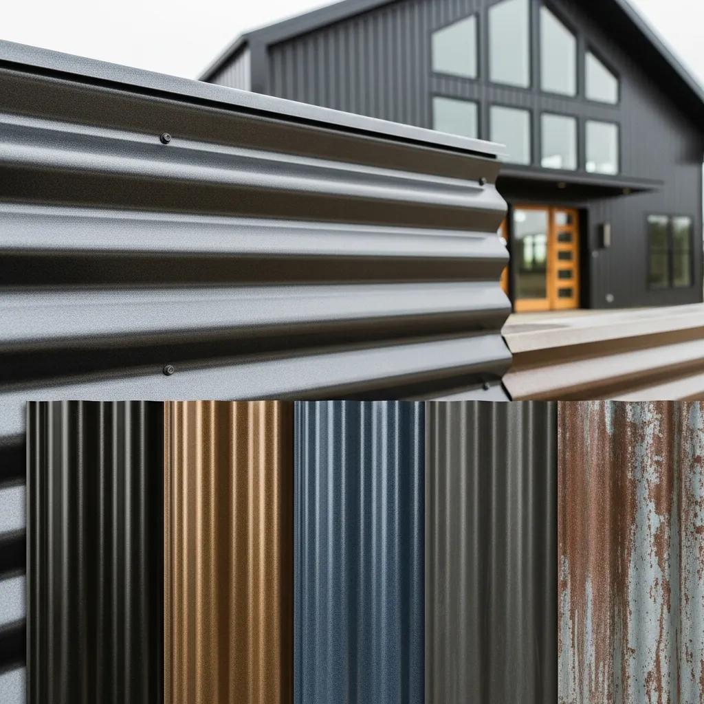 Detail of coated steel siding on a barndominium showing texture and finish