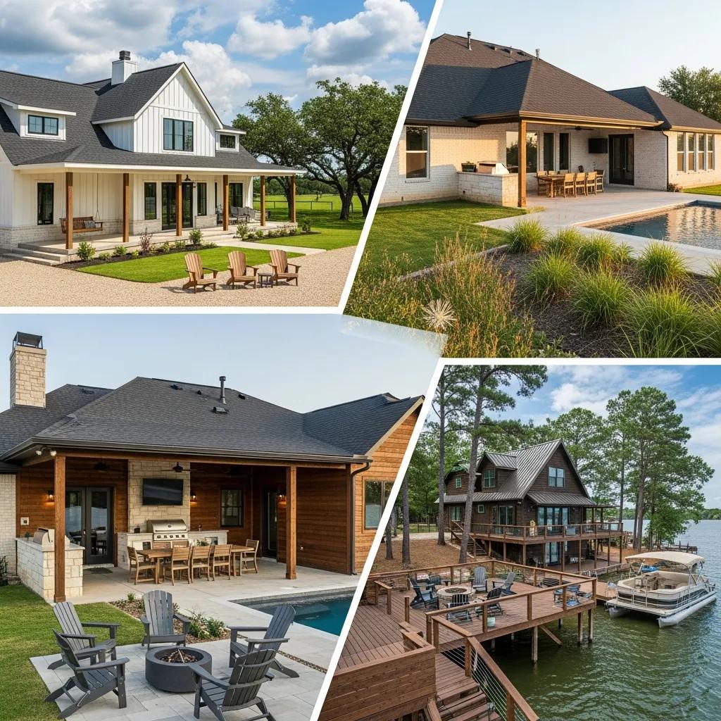 Collage showing modern farmhouse, ranch, and lakehouse designs common in East Texas
