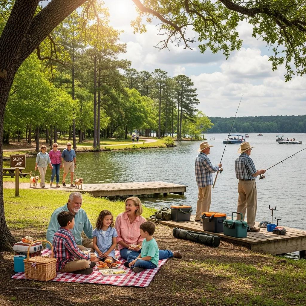Families and retirees enjoying lakeside community life in Sabine County, Texas