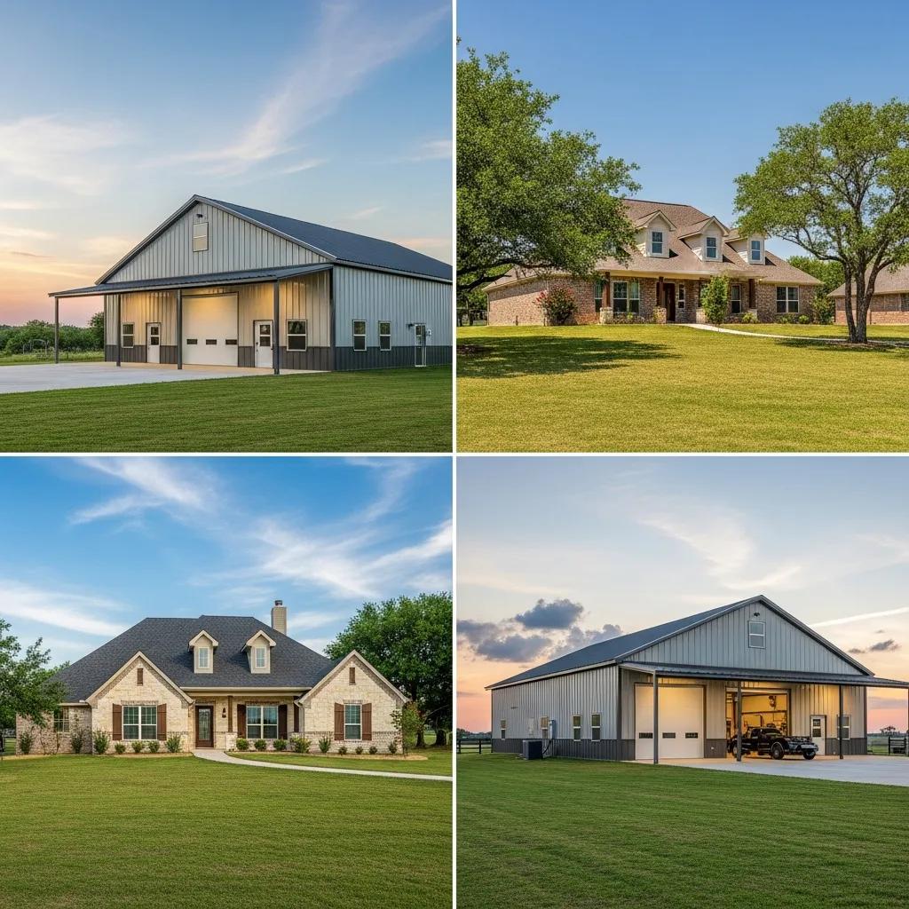 Comparison of a barndominium and a traditional home in East Texas landscape