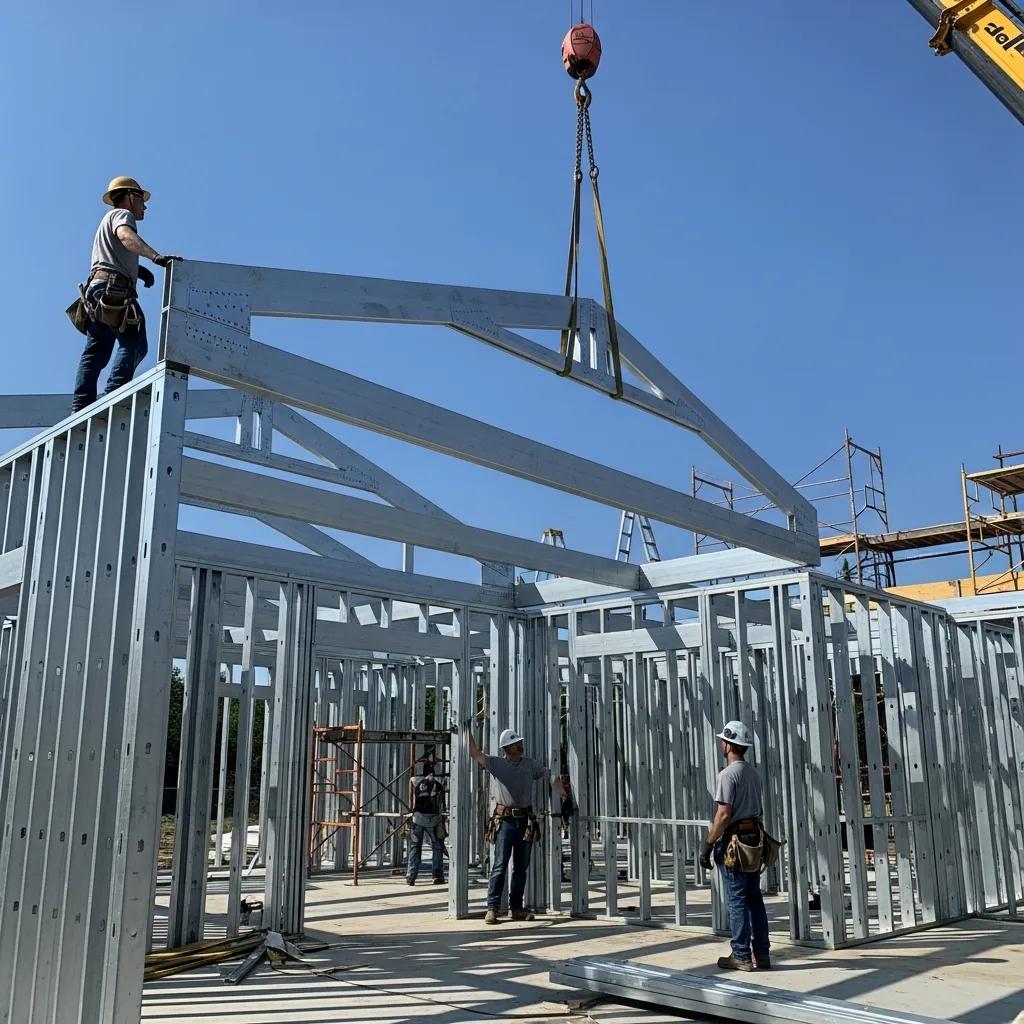 Steel-framed house under construction, illustrating modern assembly methods