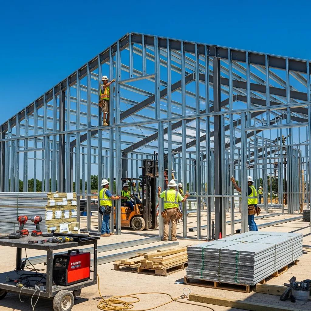 Construction scene showing metal framing and cost-saving building methods