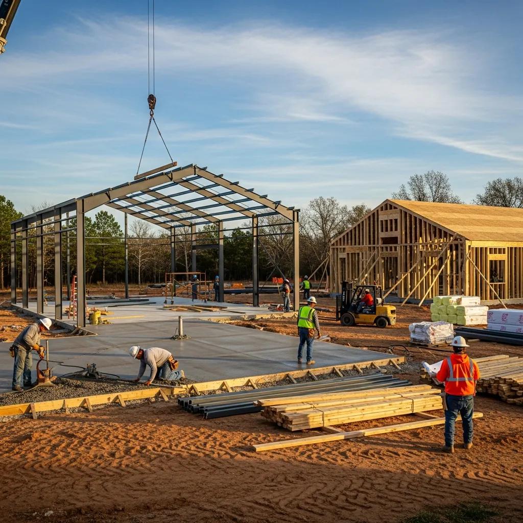 Barndominium construction site in Jasper, Texas showing materials and progress