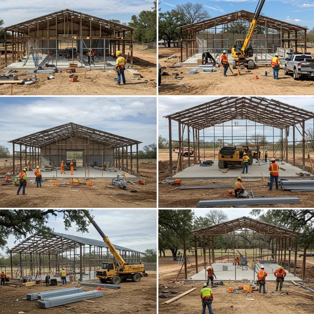 Construction site of a barndominium showing the building process and materials used