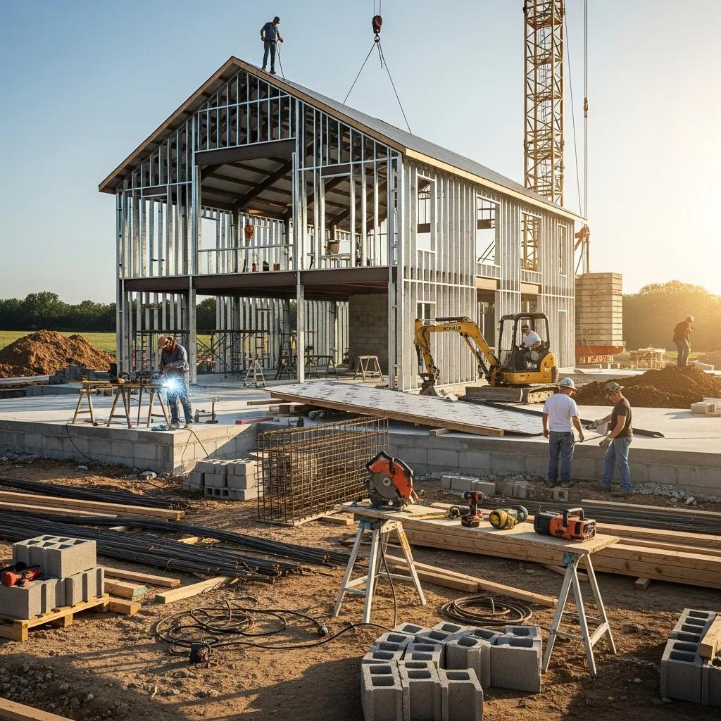 Barndominium construction site with crew and materials