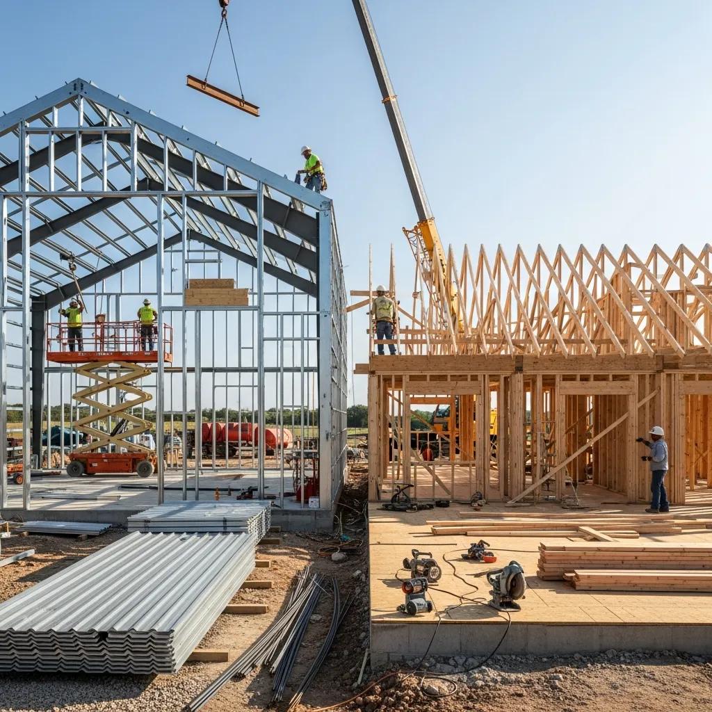 Construction site showing barndominium and traditional home building methods