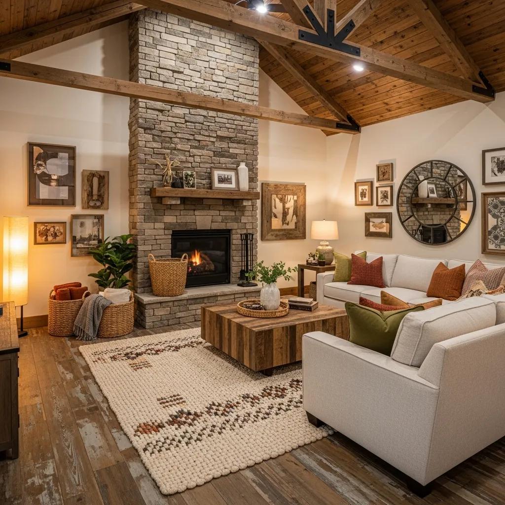 Cozy rustic barndominium living room with exposed beams and stone fireplace