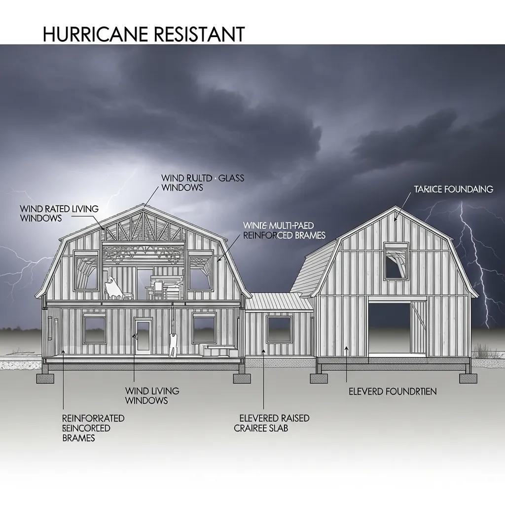 Hurricane-resistant barndominium cross-section showing steel framing and wind-rated details