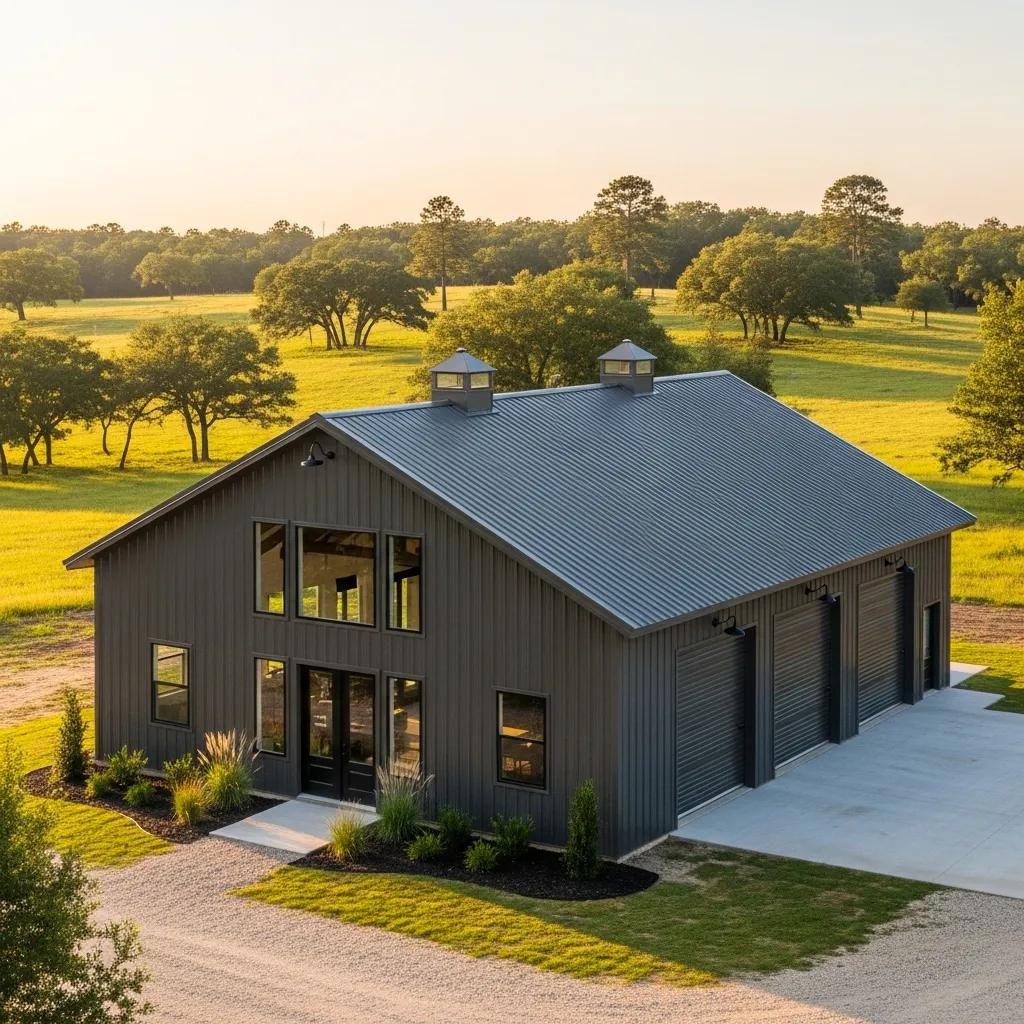 Custom barndominium in Jasper, Texas, showcasing durable metal construction and rural landscape