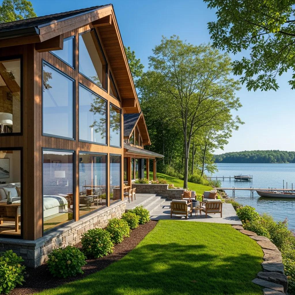Custom home by Lake Sam Rayburn with panoramic windows and lush surroundings