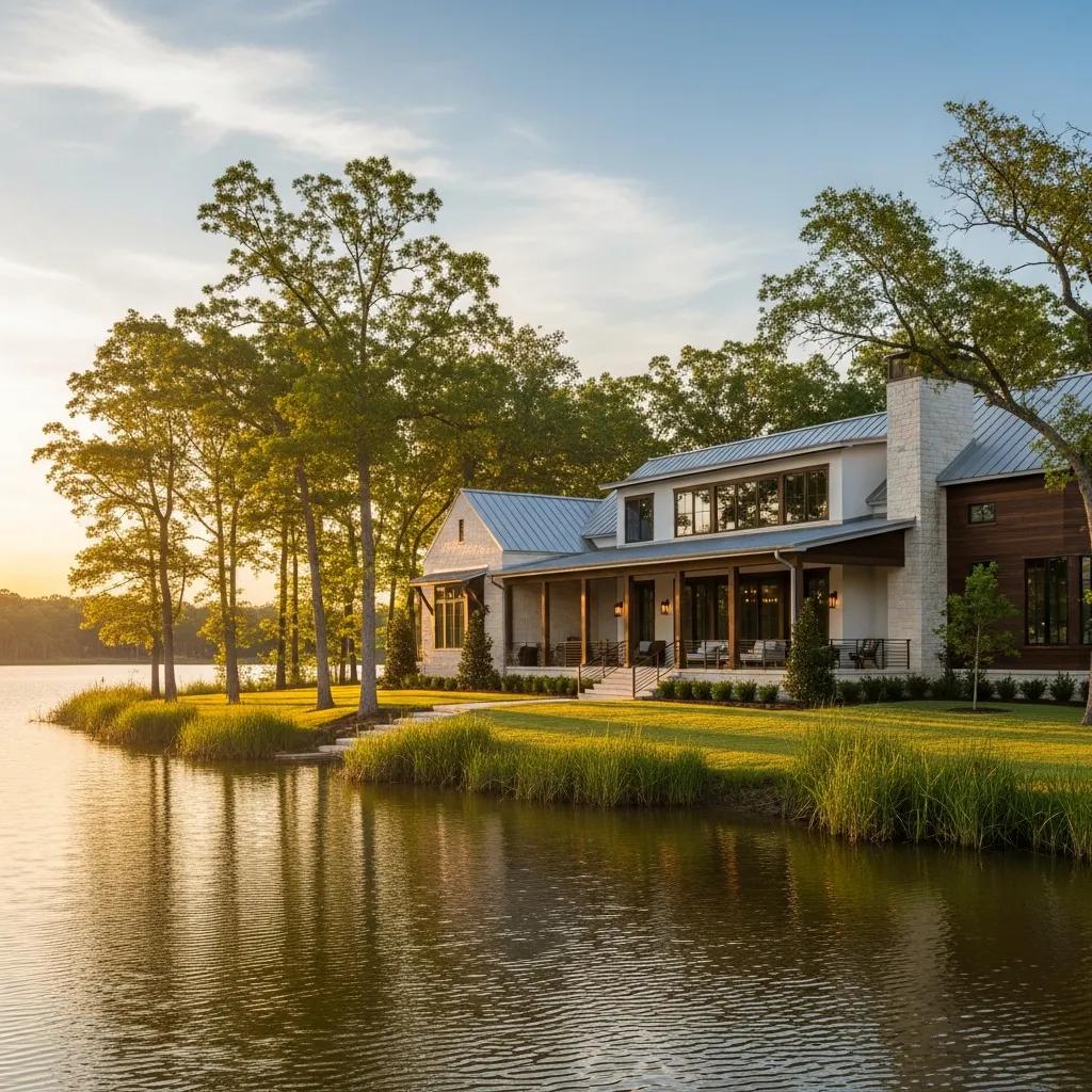 Custom home in Many, Louisiana with lakeside view and modern architecture