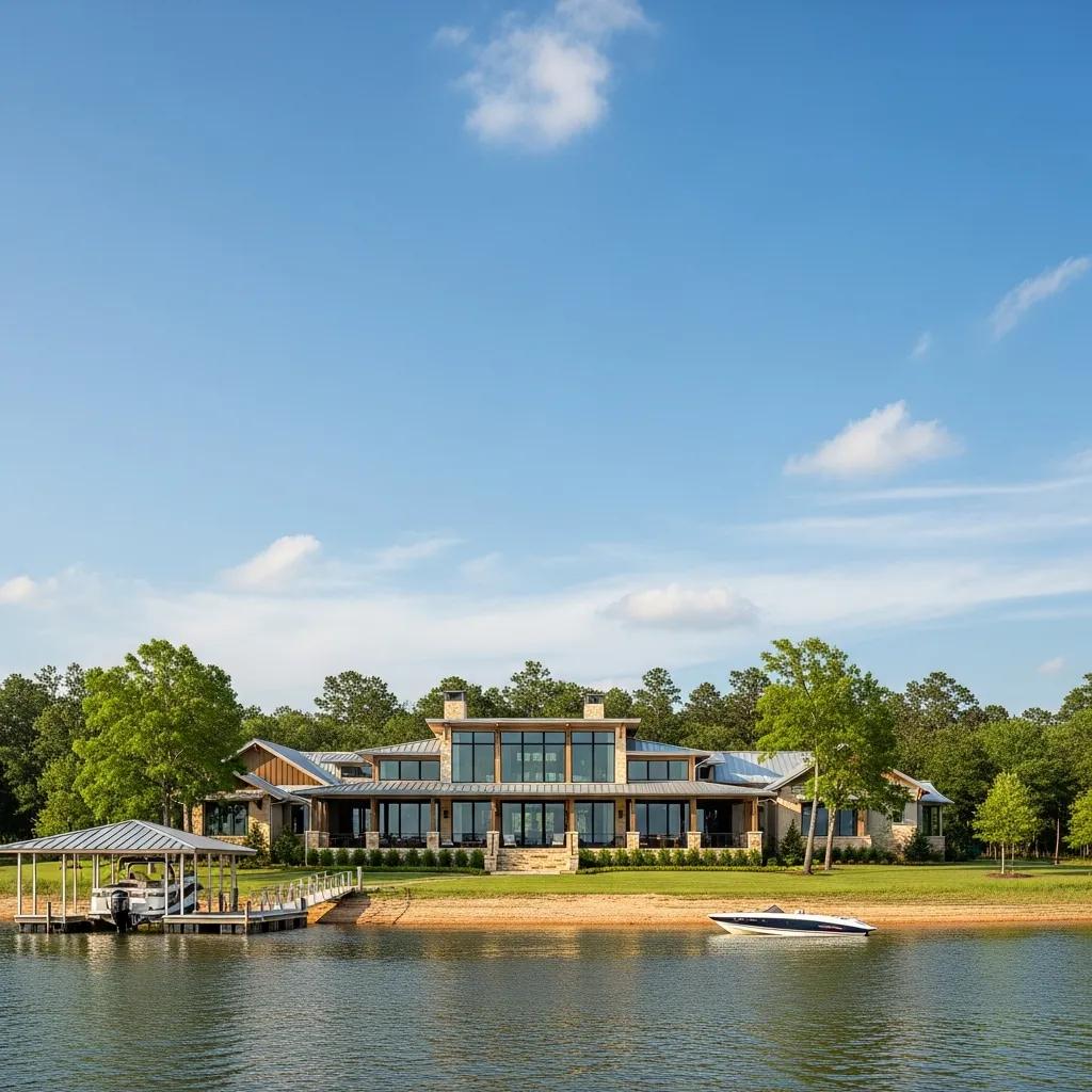 Custom home on Toledo Bend Reservoir with large windows and a porch, emphasizing waterfront living