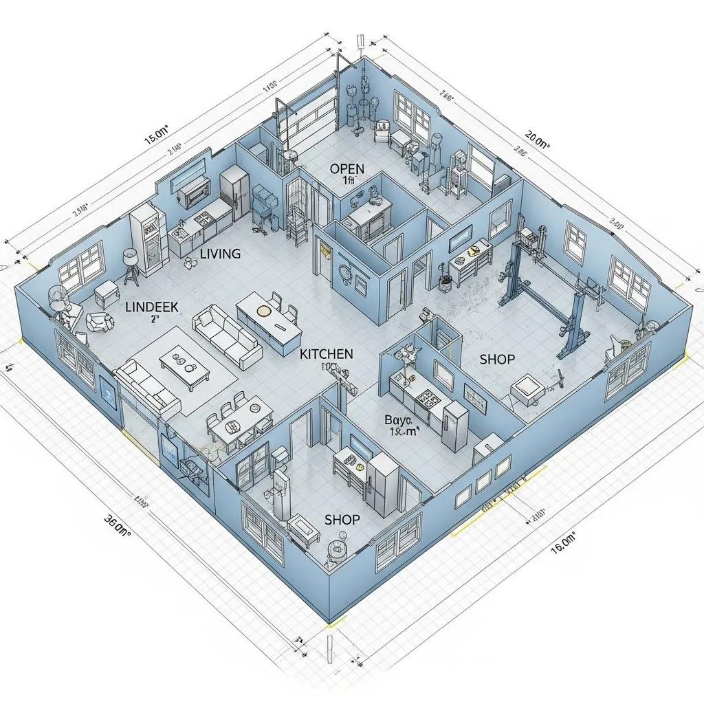 3D blueprint layout showing living spaces combined with an attached shop