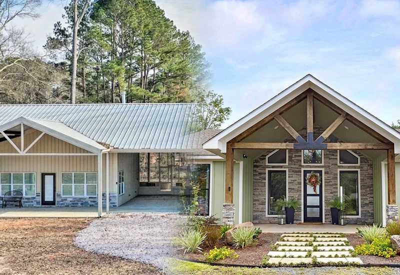 Comparison of a barndominium with a metal roof and a traditional custom home featuring a stone facade, showcasing different architectural styles for rural living in Texas and Louisiana.