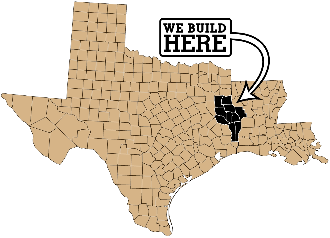 Map of Texas highlighting the areas where Ross Homes & Drafting builds homes and barndominiums, with a prominent label stating "WE BUILD HERE."