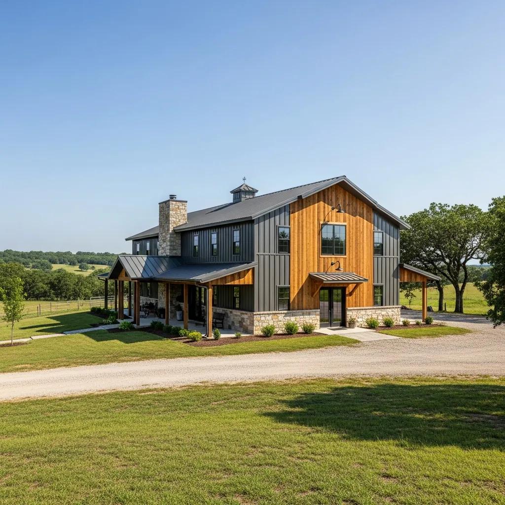 Exterior of a barndominium blending modern metal and rustic wood accents
