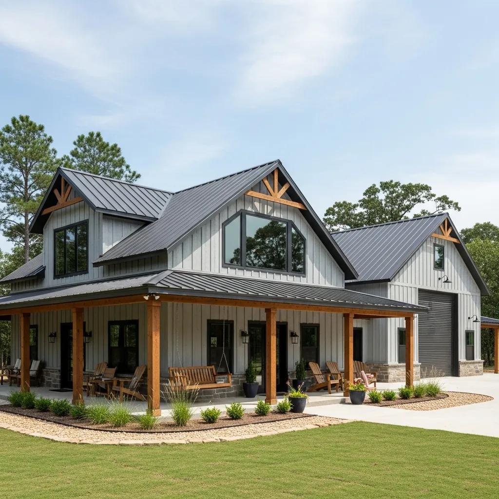 Exterior view of a modern barndominium with wraparound porch and attached shop