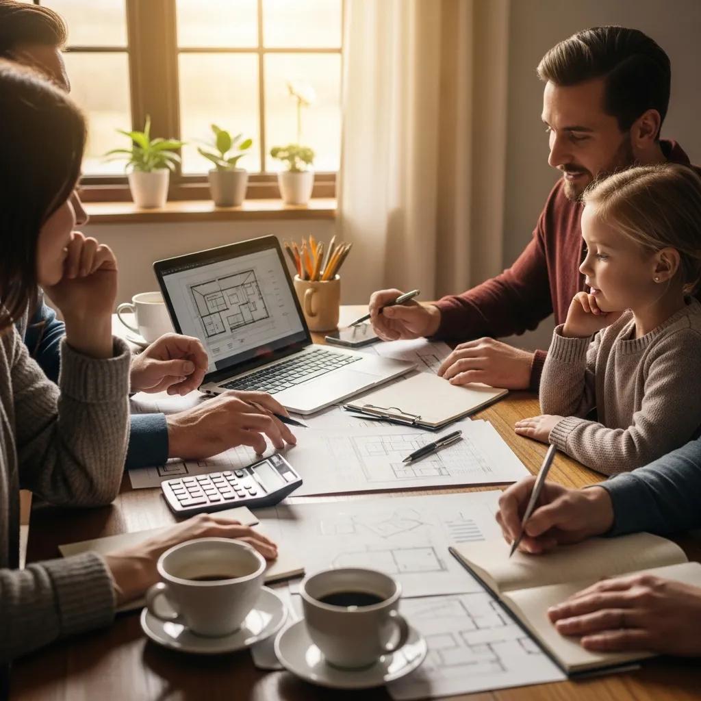 Family reviewing barndominium financing paperwork with a laptop