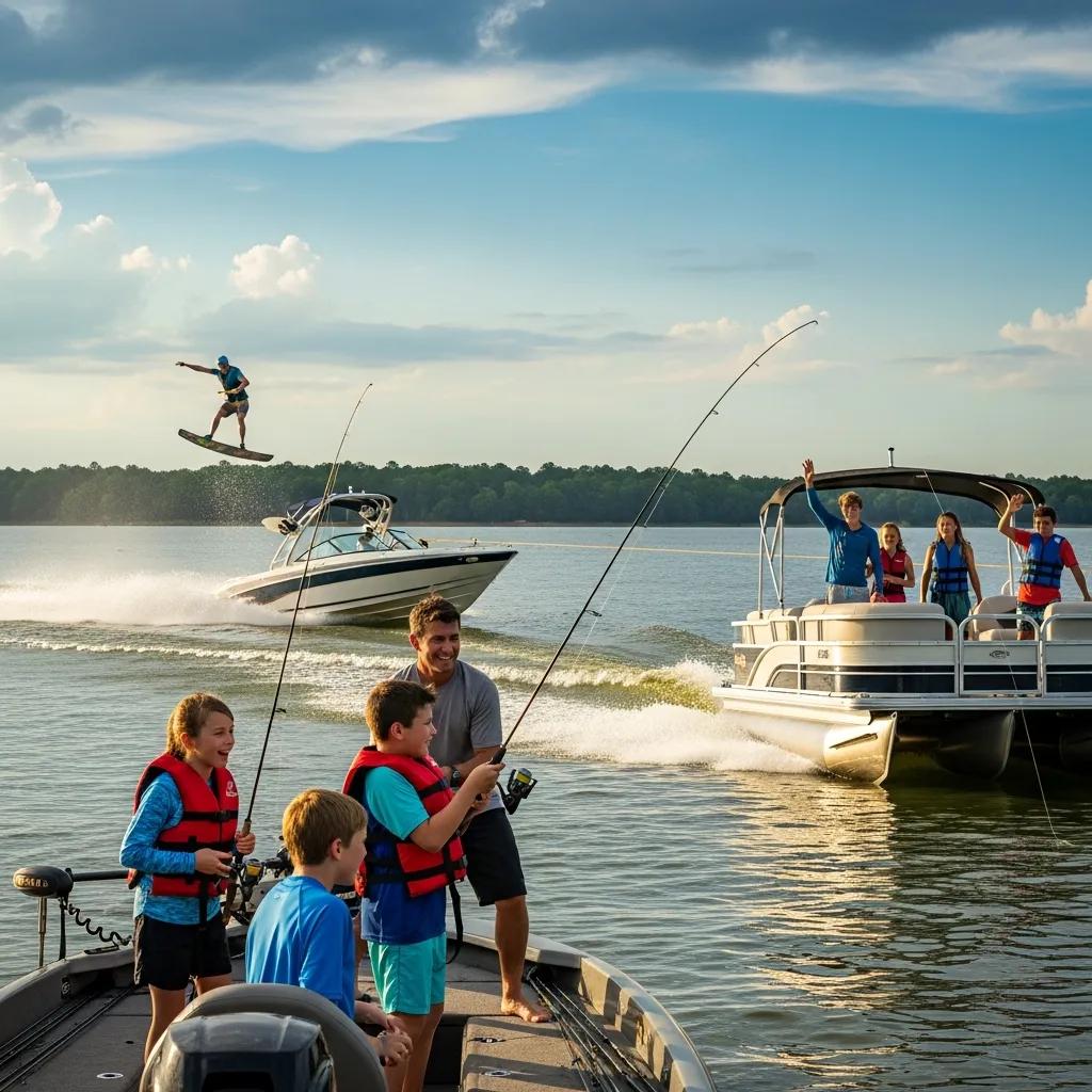 Family boating and fishing at Toledo Bend, illustrating the lifestyle premium of waterfront homes