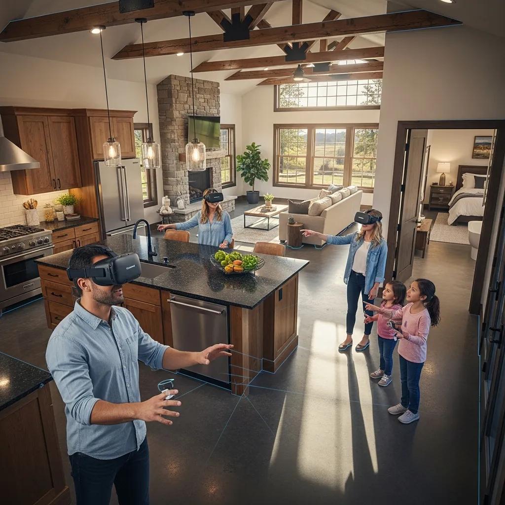 Homeowners reviewing a virtual walkthrough of a barndominium interior