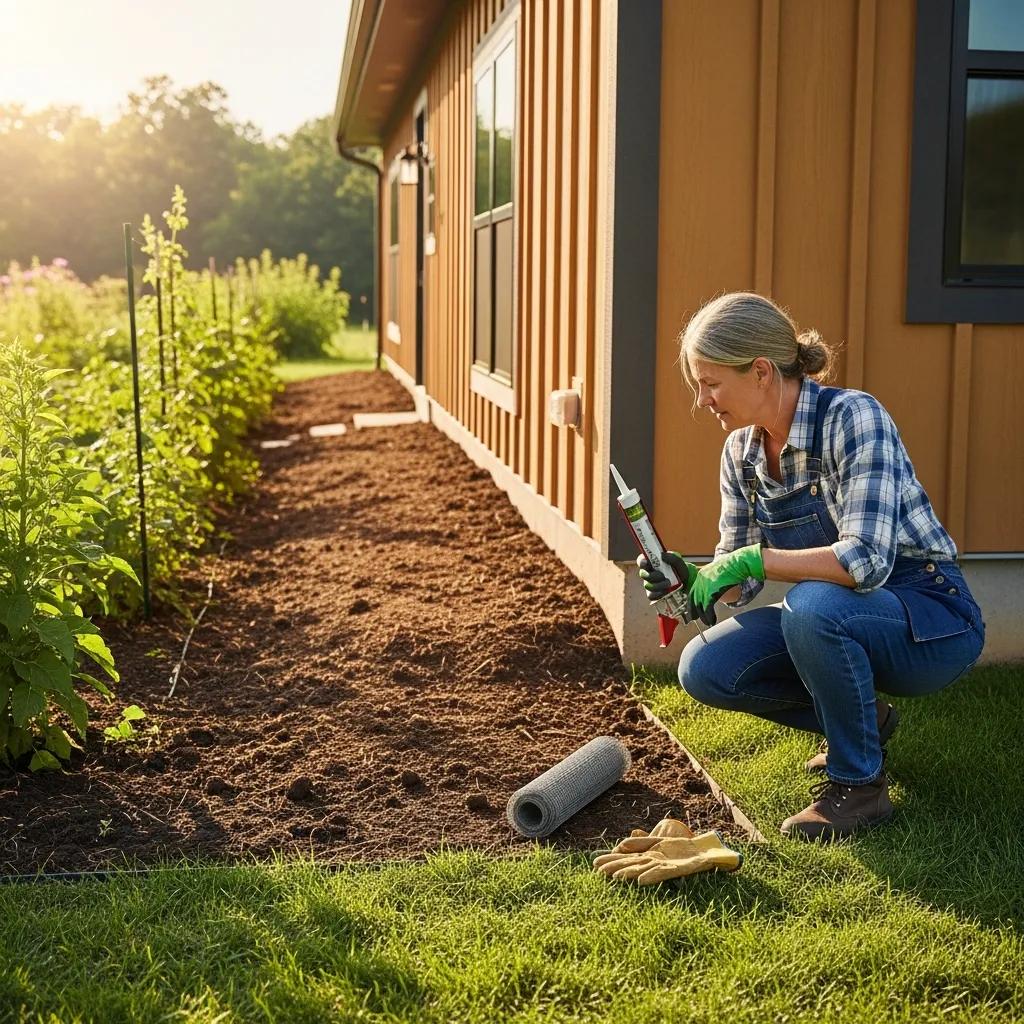 Homeowner trimming landscape around a barndominium to reduce pests and moisture