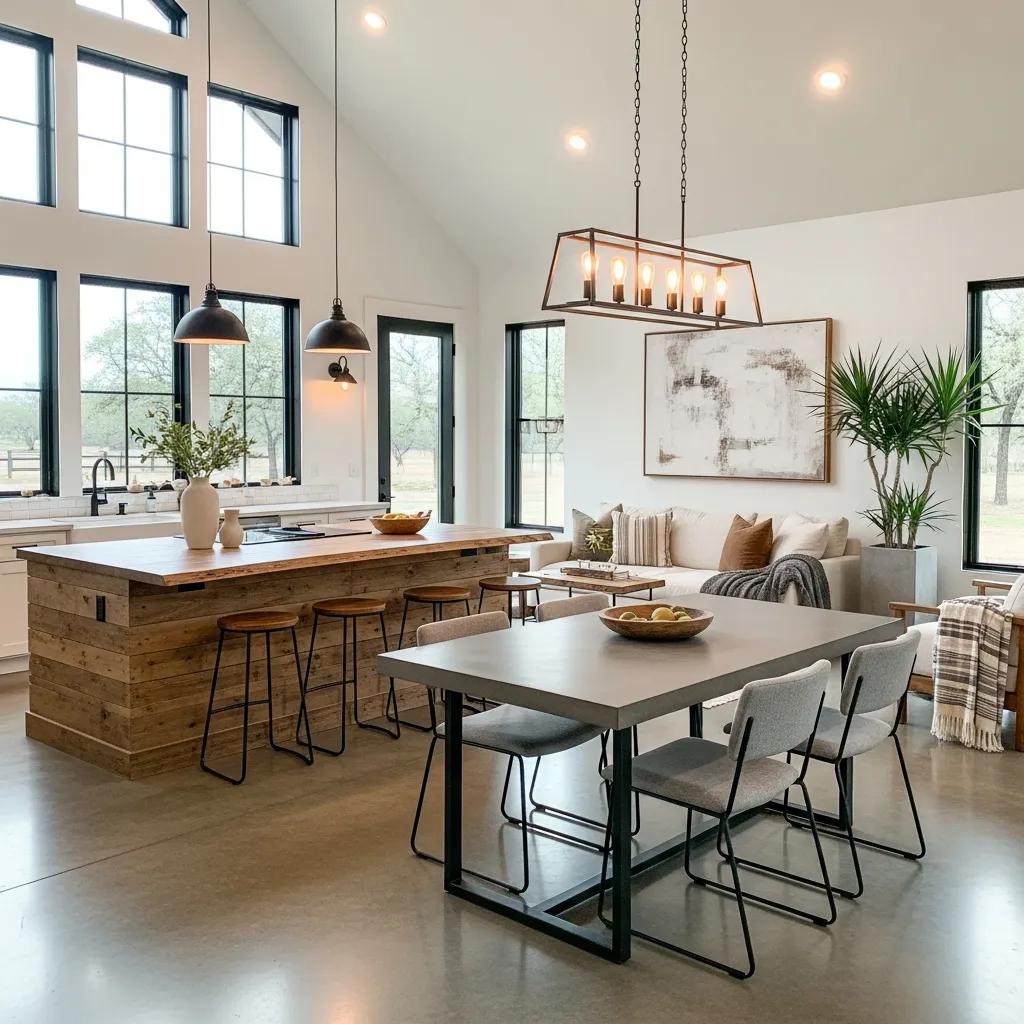 Industrial and minimalist barndominium interior featuring polished concrete and reclaimed wood