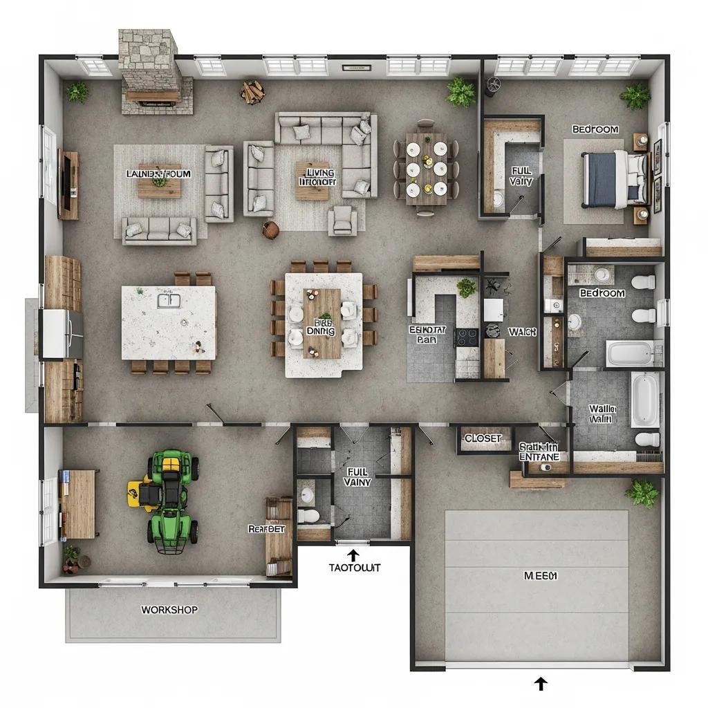 Barndominium interior layout highlighting open living areas and integrated workshop