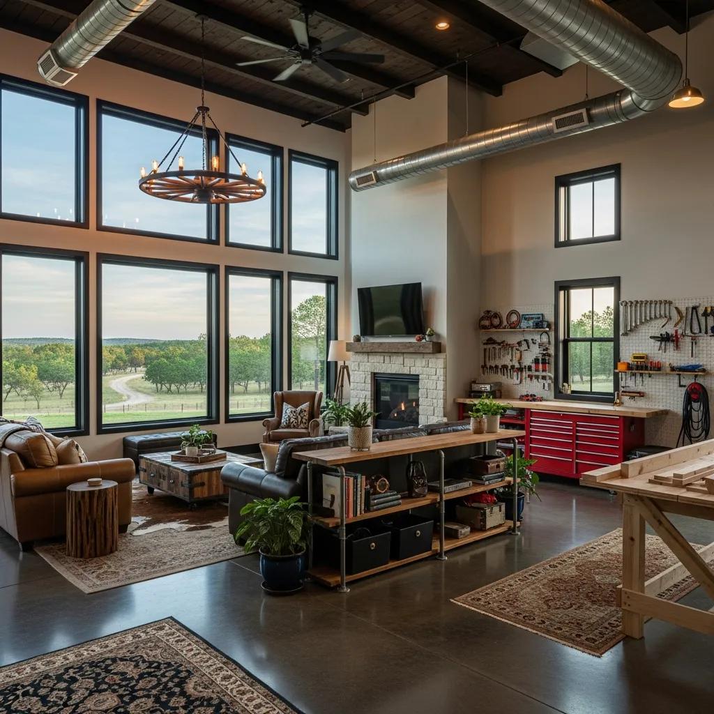 Open-concept barndominium interior with rustic finishes and flexible workspace