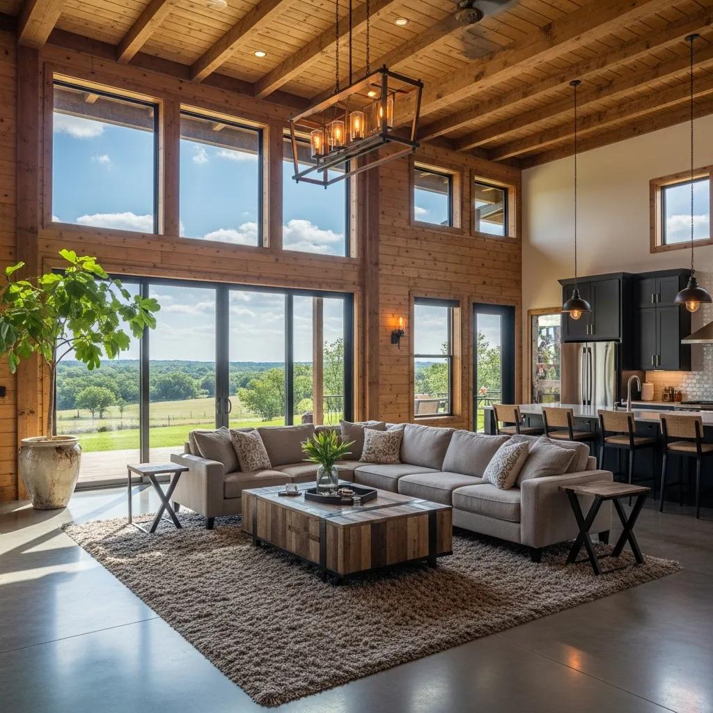 Barndominium interior with open floor plan and rustic touches