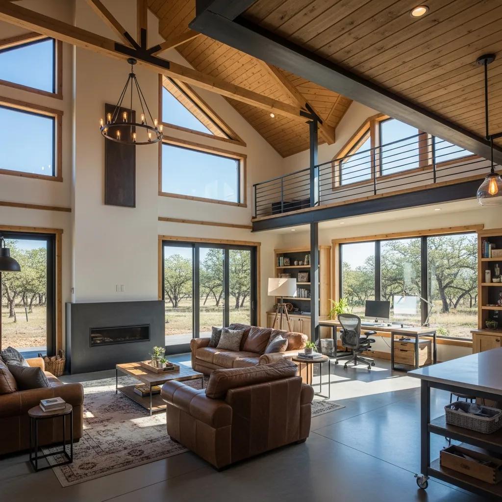 Barndominium interior showing open plan living with rustic‑modern finishes and loft option