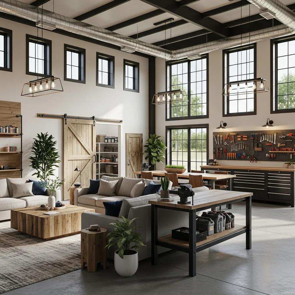 Interior view of a barndominium showing an open great room and flexible workshop area