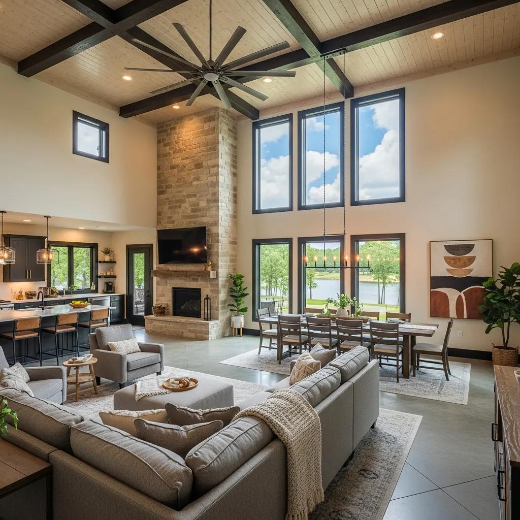 Open-plan barndominium interior with lake views and flexible living space