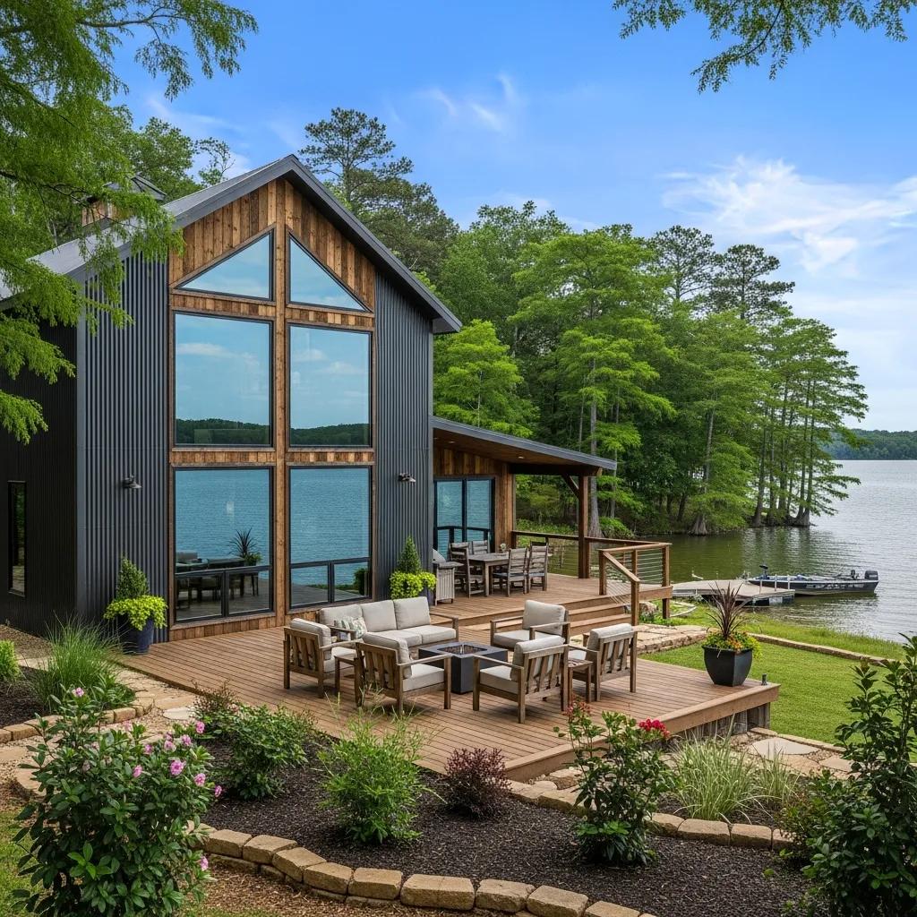Lakefront barndominium at Toledo Bend Lake showcasing modern design and outdoor living