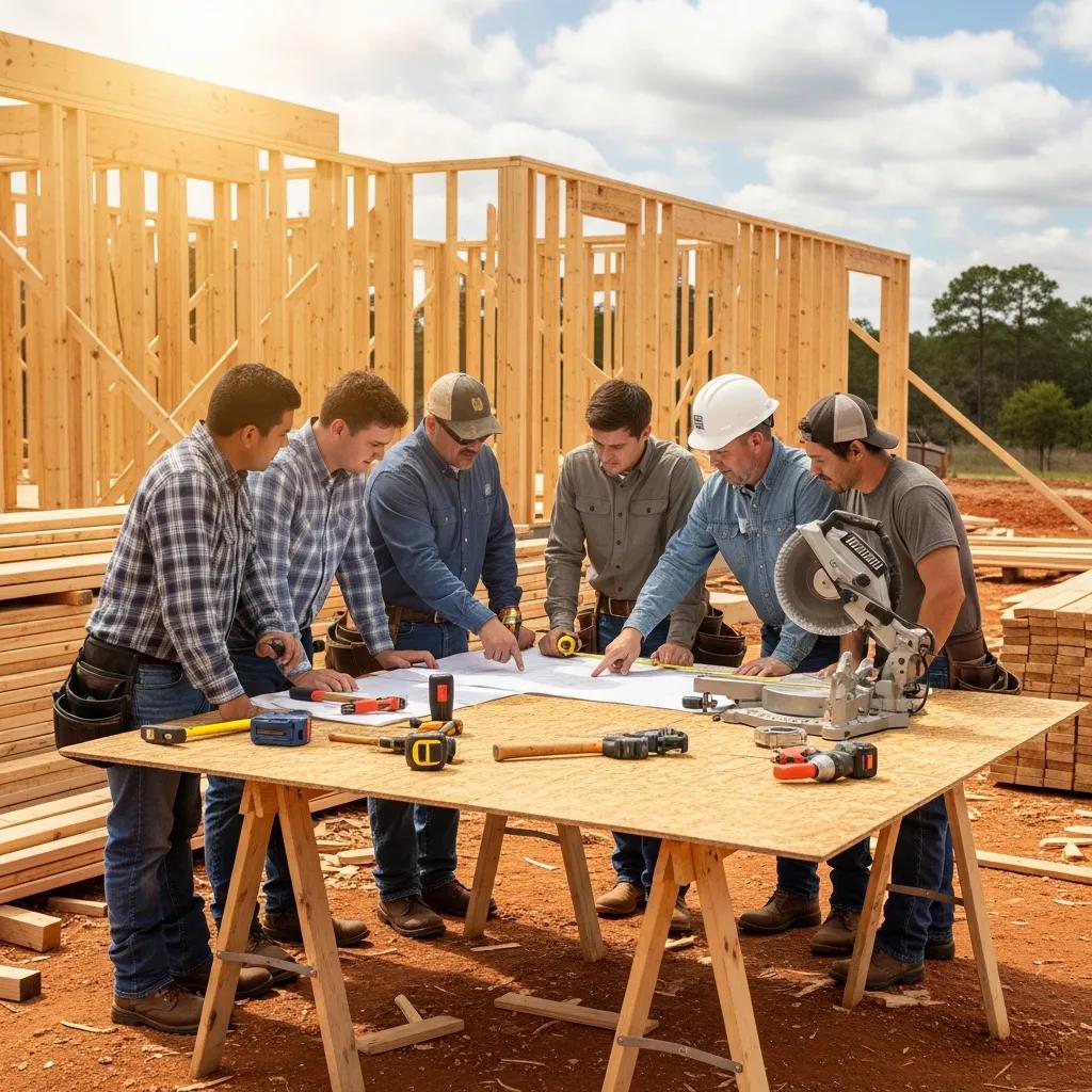 Local builders in Jasper, Texas, collaborating on custom home blueprints at a construction site