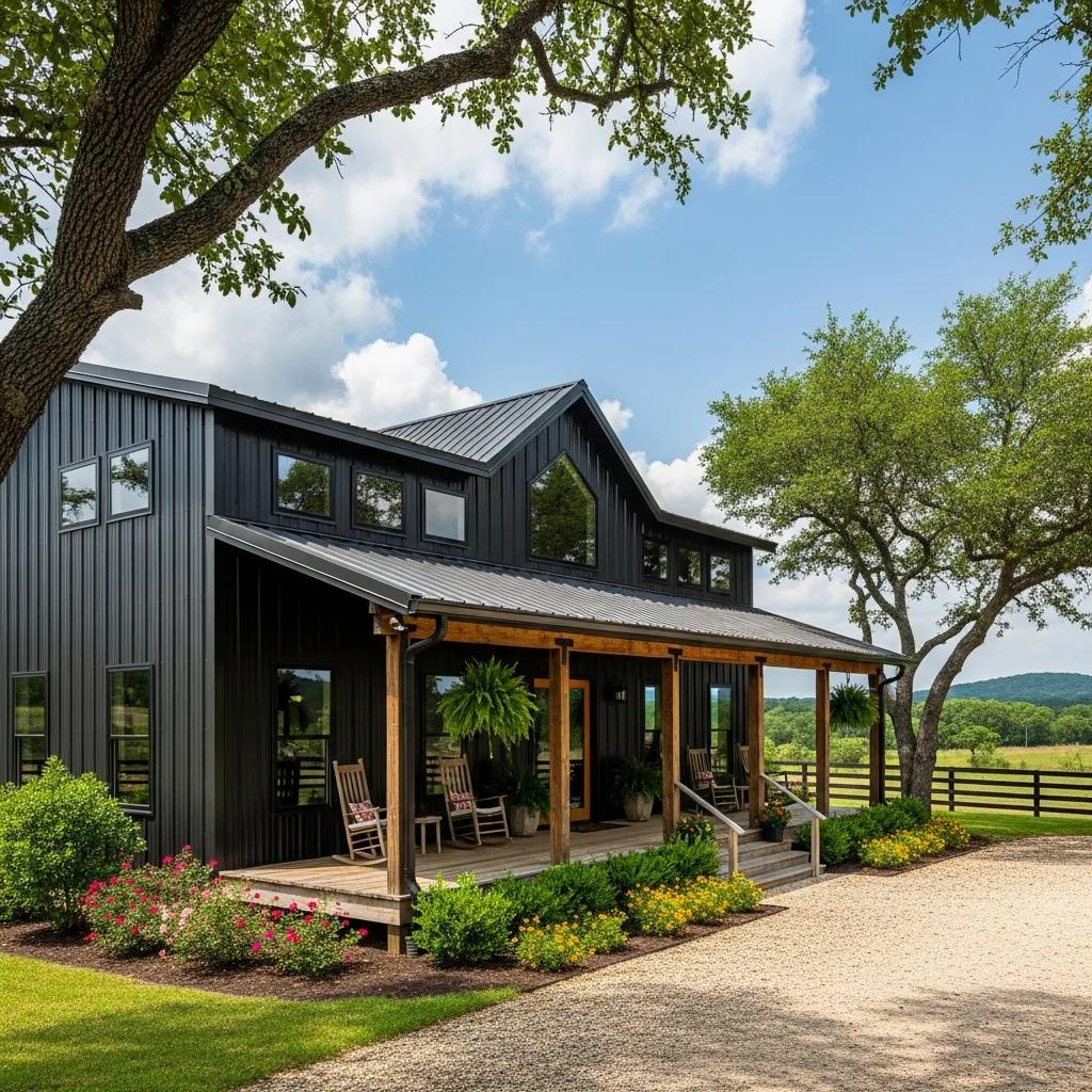 Modern barndominium exterior with a spacious porch and surrounding greenery