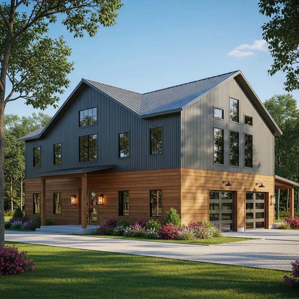 Modern barndominium home exterior showcasing metal structure and residential finishes