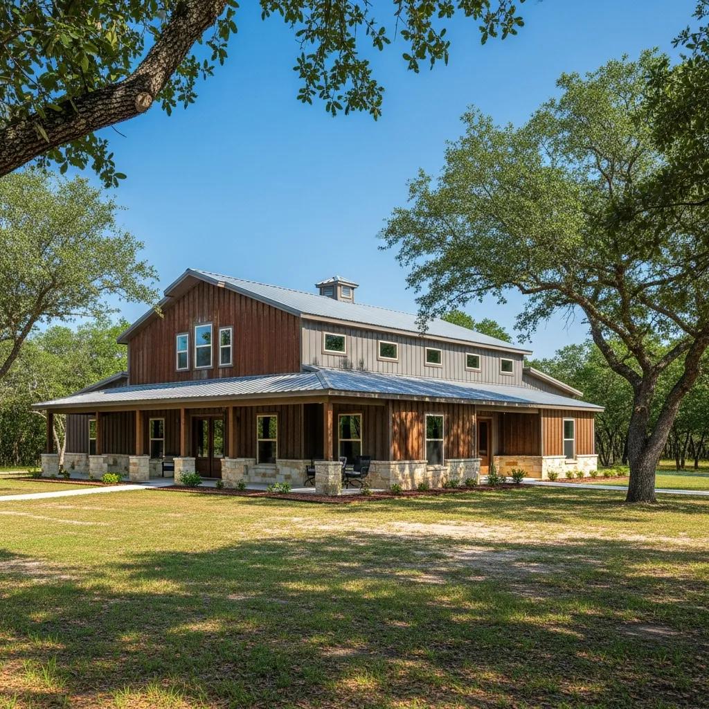 Modern barndominium in East Texas showcasing metal building design and rustic charm