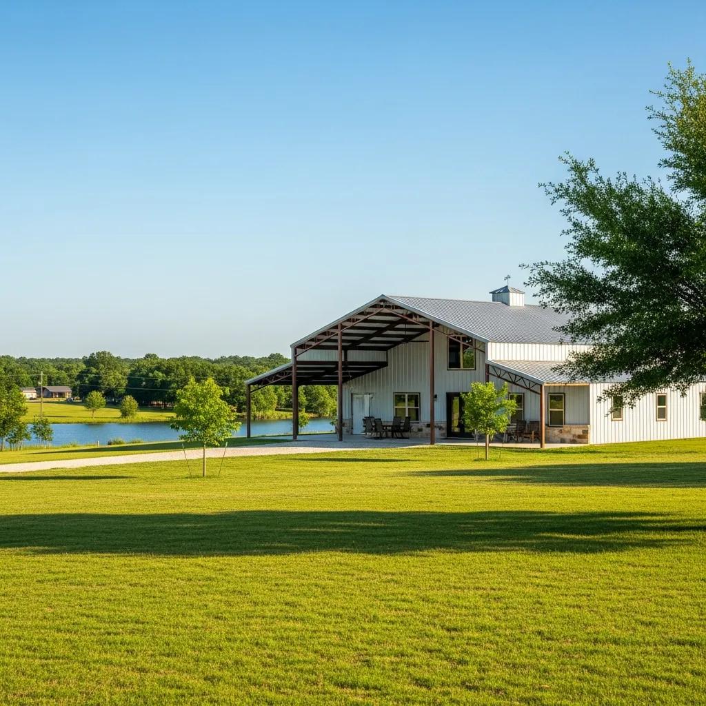 Modern barndominium in East Texas showcasing steel frame construction and lakefront setting