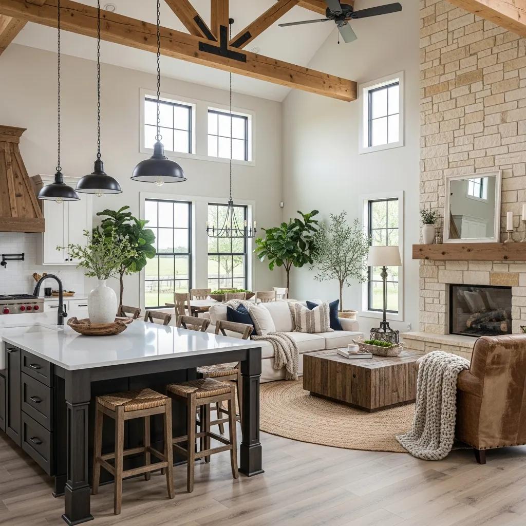Modern farmhouse barndominium interior with open-concept living space and warm wood accents